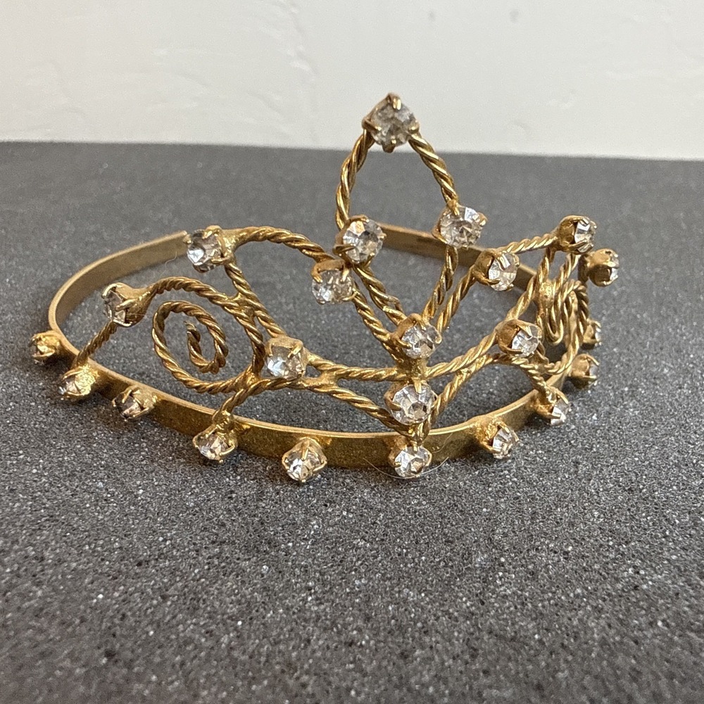VTG Mid Century Gold Prong Set Rhinestone Tiara Mini Hair Crown Headband Bridal‎
